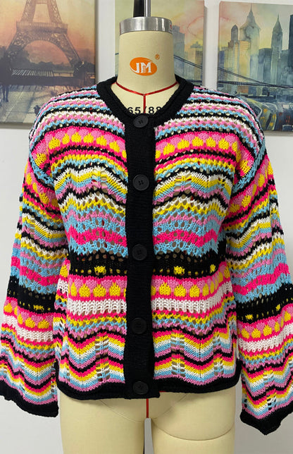 Sweaters- Rainbow Crochet Button-down Sweater- - IndioGear Fashion and Gear