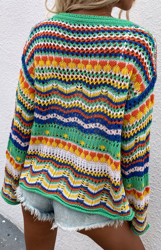 Sweaters- Rainbow Crochet Button-down Sweater- - IndioGear Fashion and Gear