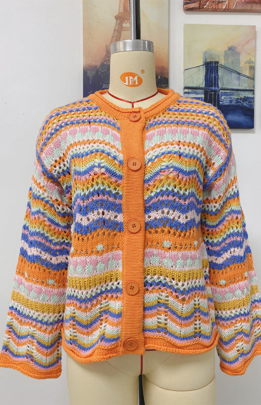 Sweaters- Rainbow Crochet Button-down Sweater- - IndioGear Fashion and Gear