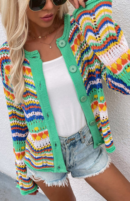 Sweaters- Rainbow Crochet Button-down Sweater- - IndioGear Fashion and Gear