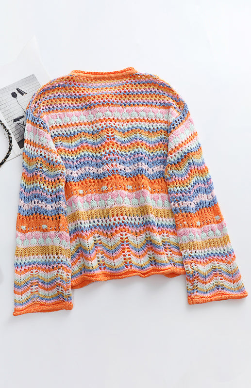 Sweaters- Rainbow Crochet Button-down Sweater- - IndioGear Fashion and Gear