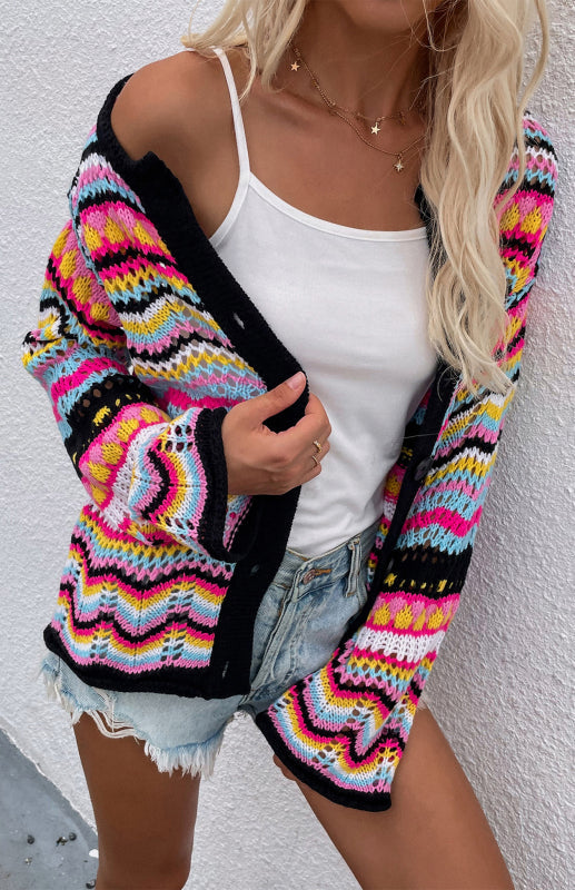 Sweaters- Rainbow Crochet Button-down Sweater- - IndioGear Fashion and Gear