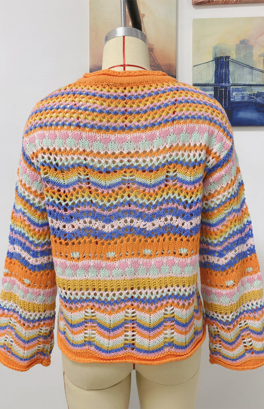 Sweaters- Rainbow Crochet Button-down Sweater- - IndioGear Fashion and Gear