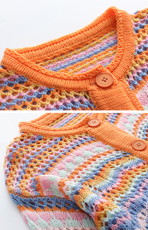 Sweaters- Rainbow Crochet Button-down Sweater- - IndioGear Fashion and Gear