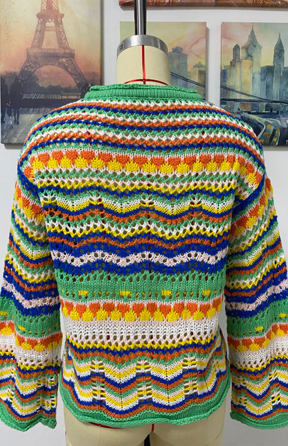 Sweaters- Rainbow Crochet Button-down Sweater- - IndioGear Fashion and Gear