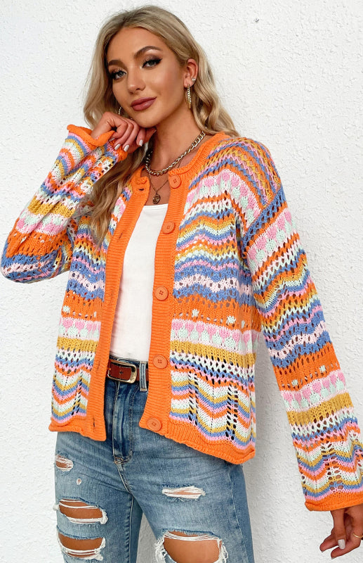 Sweaters- Rainbow Crochet Button-down Sweater- - IndioGear Fashion and Gear