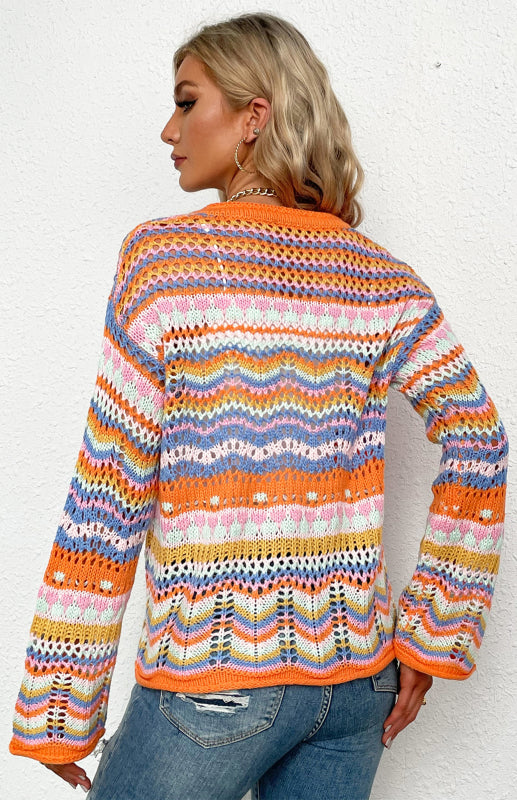 Sweaters- Rainbow Crochet Button-down Sweater- - IndioGear Fashion and Gear