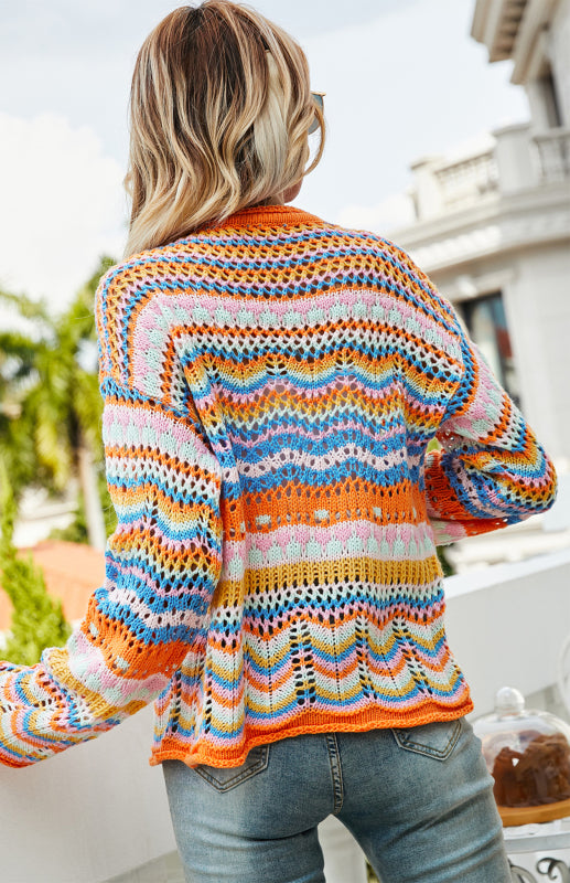 Sweaters- Rainbow Crochet Button-down Sweater- - IndioGear Fashion and Gear