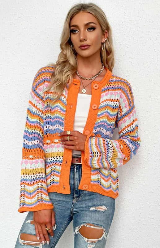 Sweaters- Rainbow Crochet Button-down Sweater- - IndioGear Fashion and Gear