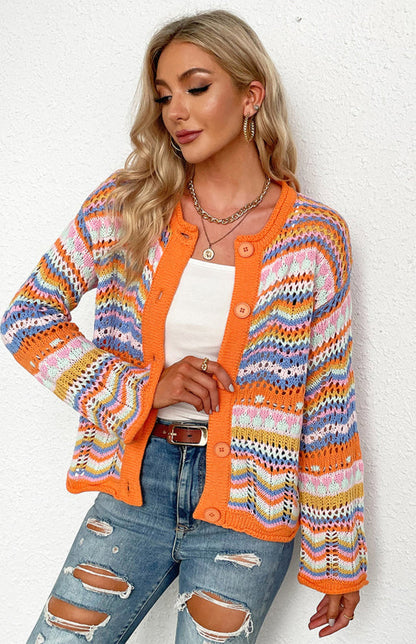 Sweaters- Rainbow Crochet Button-down Sweater- Orange- IndioGear Fashion and Gear