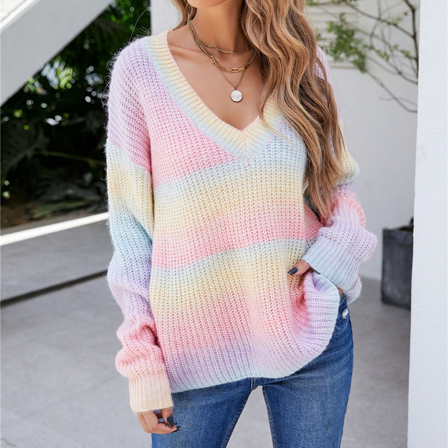 Sweaters- Rainbow Knitted V-Neck Sweater- - IndioGear Fashion and Gear