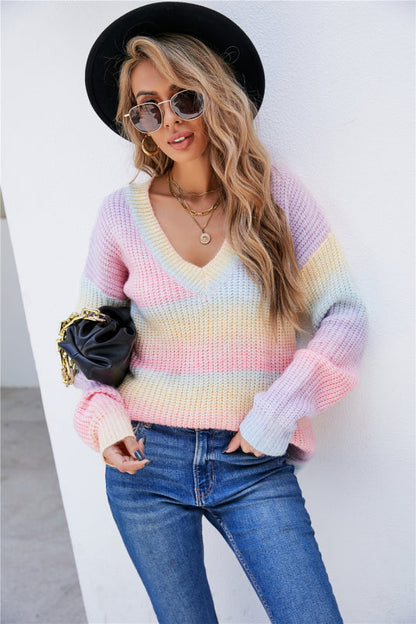 Sweaters- Rainbow Knitted V-Neck Sweater- Pink- IndioGear Fashion and Gear