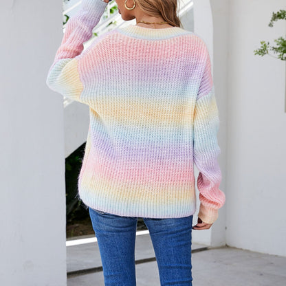 Sweaters- Rainbow Knitted V-Neck Sweater- - IndioGear Fashion and Gear