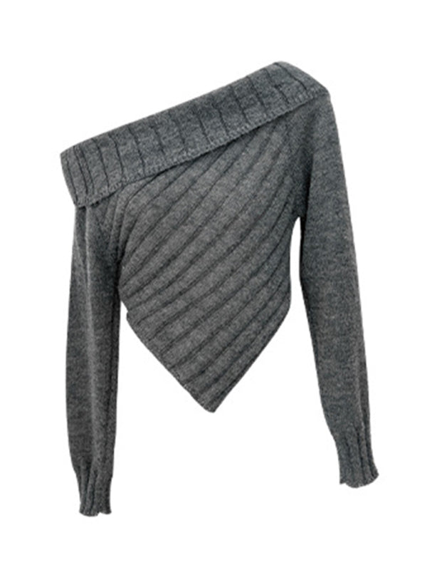 Sweaters- Ribbed Knit Off Shoulder Crop Sweater- Grey- IndioGear Fashion and Gear