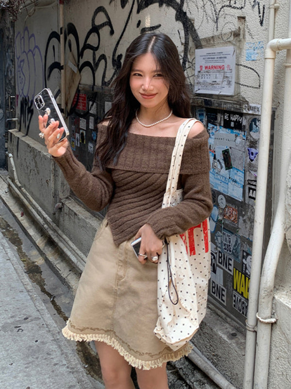 Sweaters- Ribbed Knit Off Shoulder Crop Sweater- Coffee- IndioGear Fashion and Gear