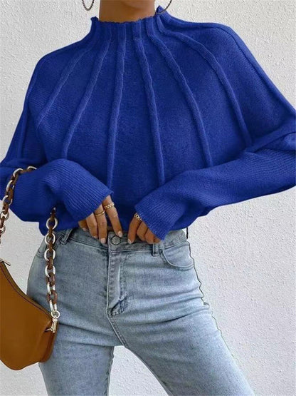 Sweaters- Ribbed Knit Stand Collar Sweater, Ideal for Chilly Days- Blue- IndioGear Clothing and Gear