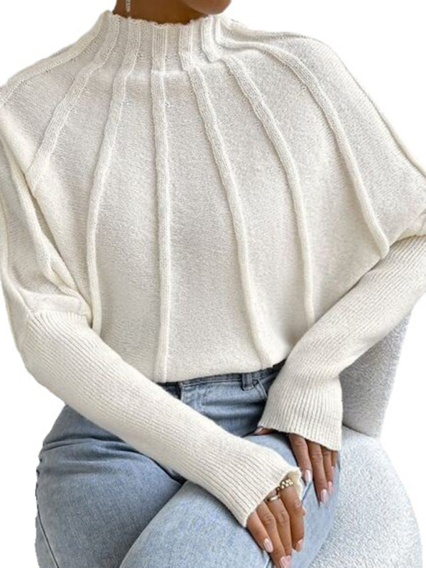 Sweaters- Ribbed Knit Stand Collar Sweater, Ideal for Chilly Days- - IndioGear Clothing and Gear