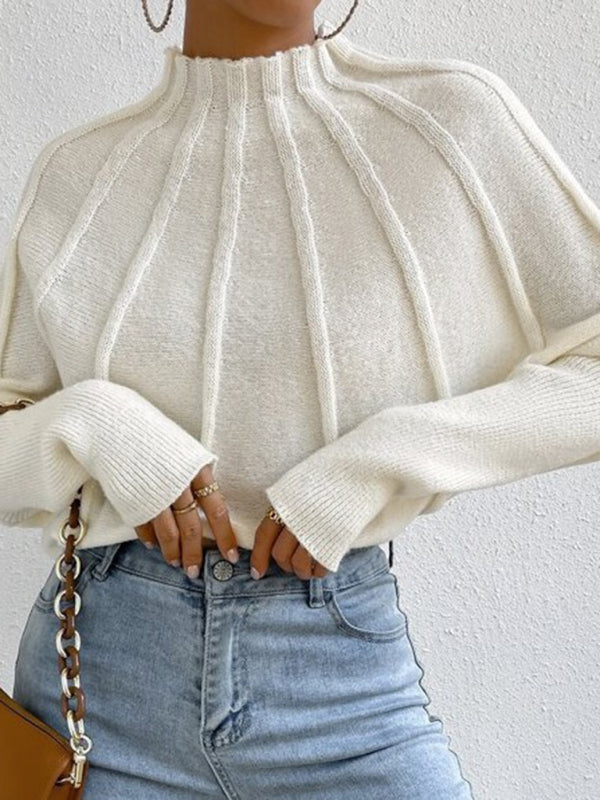 Sweaters- Ribbed Knit Stand Collar Sweater, Ideal for Chilly Days- Cream- IndioGear Clothing and Gear