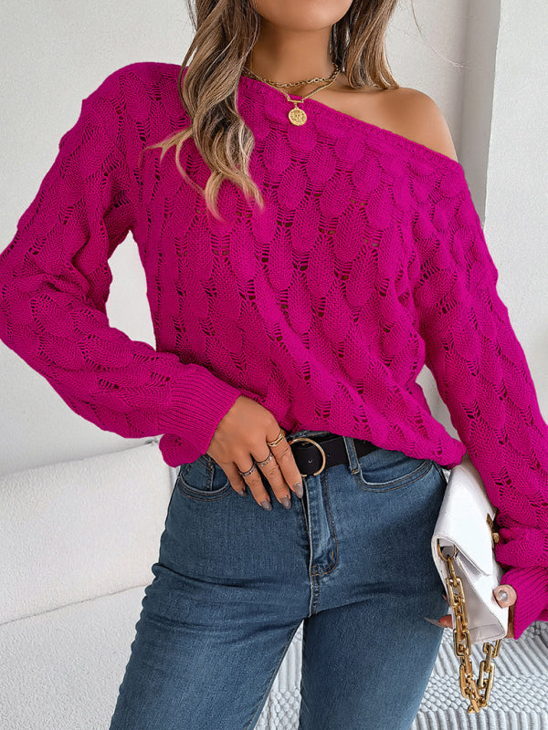 Sweaters- Semi Open-Knit Boatneck Sweater for Autumn- Rose- IndioGear Clothing and Gear