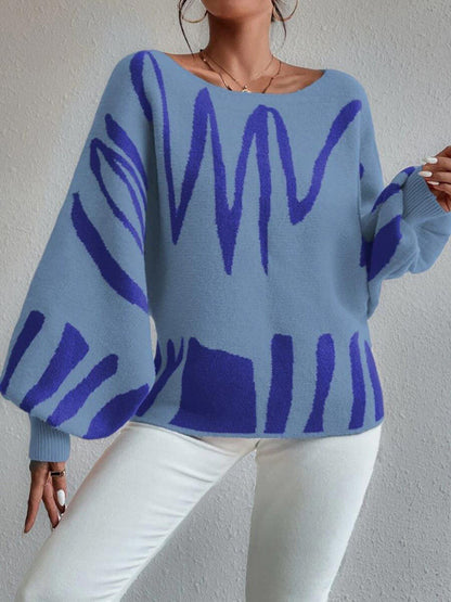 Slouchy Boatneck Balloon Sleeve Abstract Knit Sweater Jumper | Sweaters | Pekosa Women Clothing