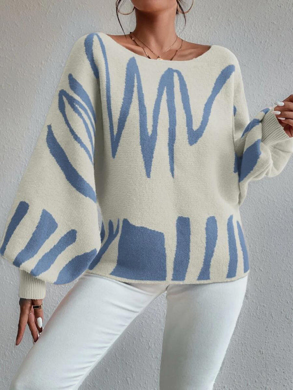 Slouchy Boatneck Balloon Sleeve Abstract Knit Sweater Jumper | Sweaters | Pekosa Women Clothing