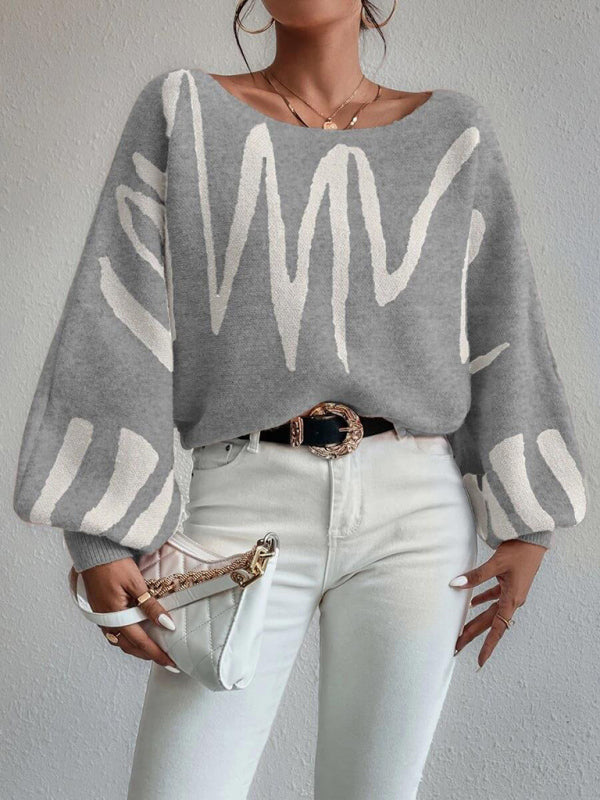 Slouchy Boatneck Balloon Sleeve Abstract Knit Sweater Jumper | Sweaters | Pekosa Women Clothing