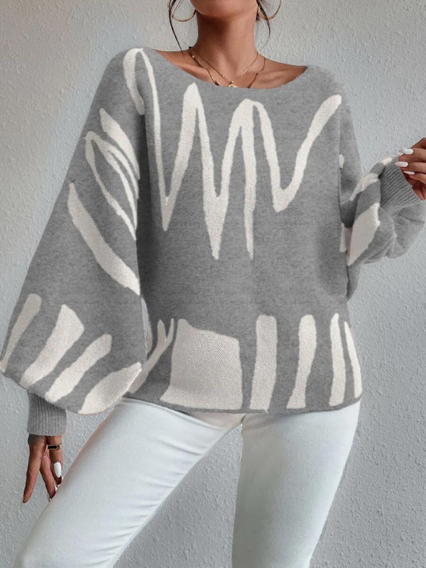 Slouchy Boatneck Balloon Sleeve Abstract Knit Sweater Jumper | Sweaters | Pekosa Women Clothing