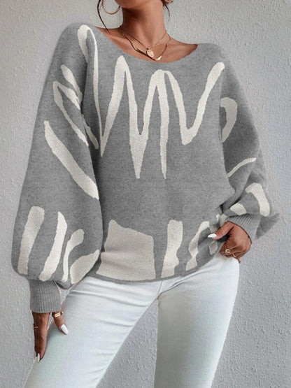 Slouchy Boatneck Balloon Sleeve Abstract Knit Sweater Jumper | Sweaters | Pekosa Women Clothing