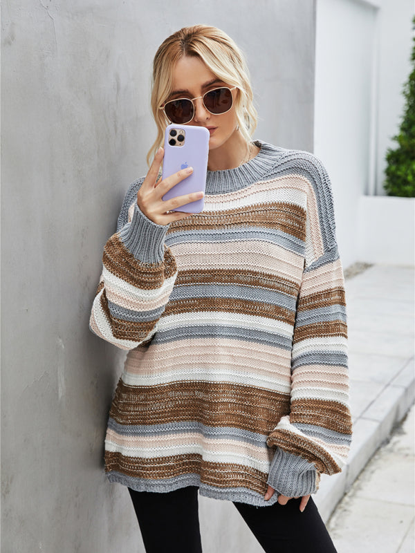 Slouchy Drop Shoulder Stripe Knitted Oversized Sweater | Sweaters | Pekosa Women Clothing