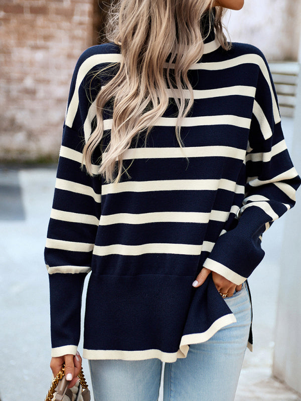 Sweaters-Slouchy Striped Drop Shoulder Turtleneck Sweater-Pekosa Women Clothing