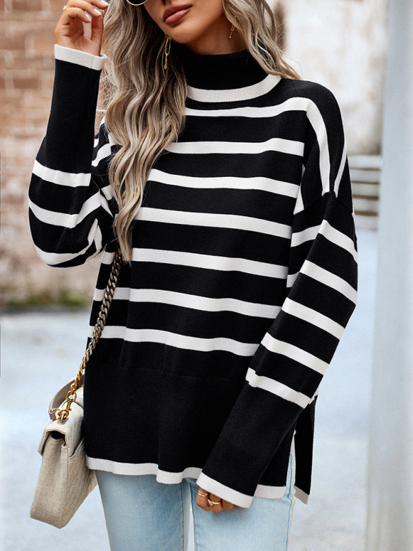 Sweaters-Slouchy Striped Drop Shoulder Turtleneck Sweater-Pekosa Women Clothing