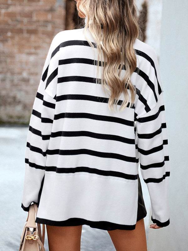 Sweaters-Slouchy Striped Drop Shoulder Turtleneck Sweater-Pekosa Women Clothing