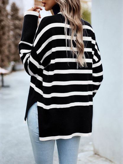 Sweaters-Slouchy Striped Drop Shoulder Turtleneck Sweater-Pekosa Women Clothing