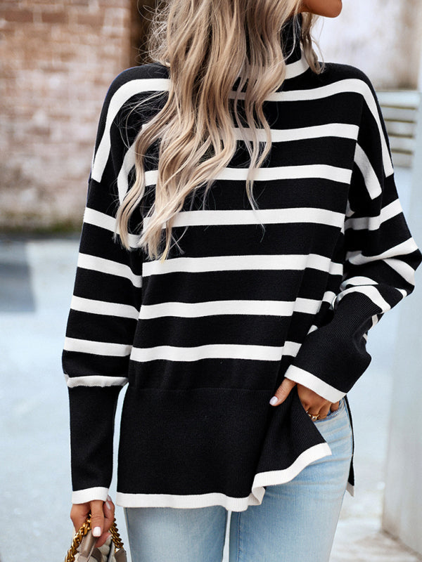 Sweaters-Slouchy Striped Drop Shoulder Turtleneck Sweater-Pekosa Women Clothing