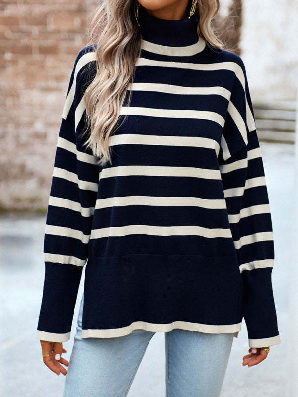 Sweaters-Slouchy Striped Drop Shoulder Turtleneck Sweater-Pekosa Women Clothing