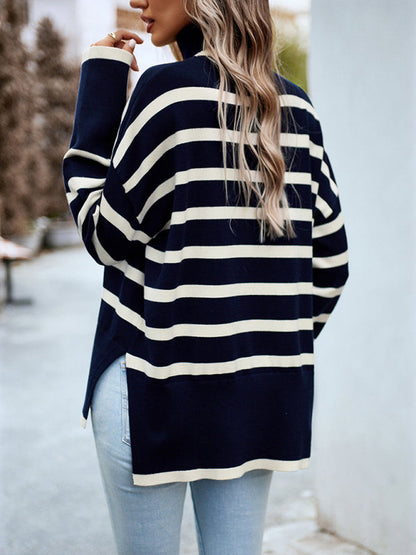 Sweaters-Slouchy Striped Drop Shoulder Turtleneck Sweater-Pekosa Women Clothing