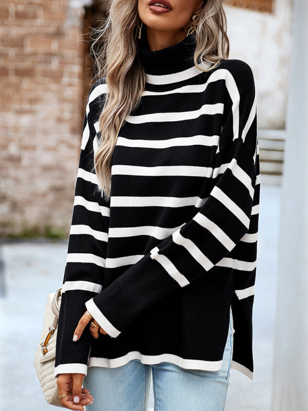 Sweaters-Slouchy Striped Drop Shoulder Turtleneck Sweater-Pekosa Women Clothing