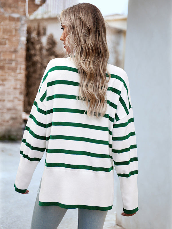 Sweaters-Slouchy Striped Drop Shoulder Turtleneck Sweater-Pekosa Women Clothing