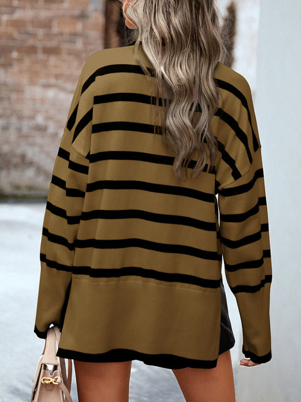 Sweaters-Slouchy Striped Drop Shoulder Turtleneck Sweater-Pekosa Women Clothing