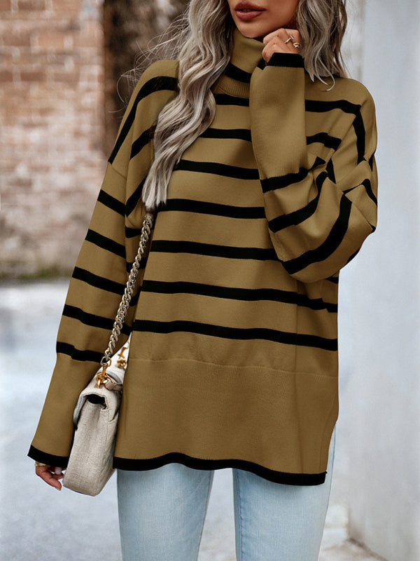 Sweaters-Slouchy Striped Drop Shoulder Turtleneck Sweater-Pekosa Women Clothing