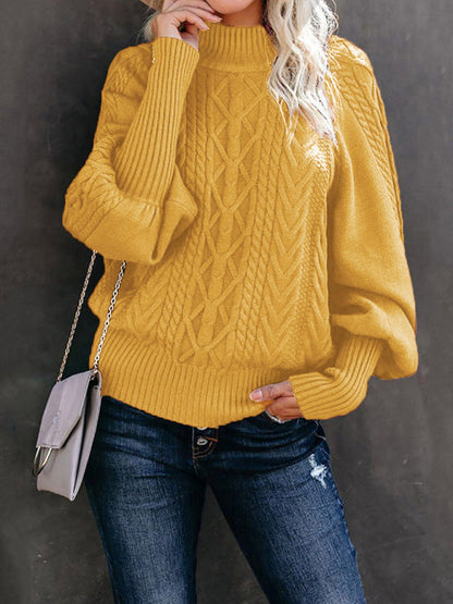 Sweaters- Solid Cable Knitted High Neck Sweater- Amber yellow- IndioGear Fashion and Gear