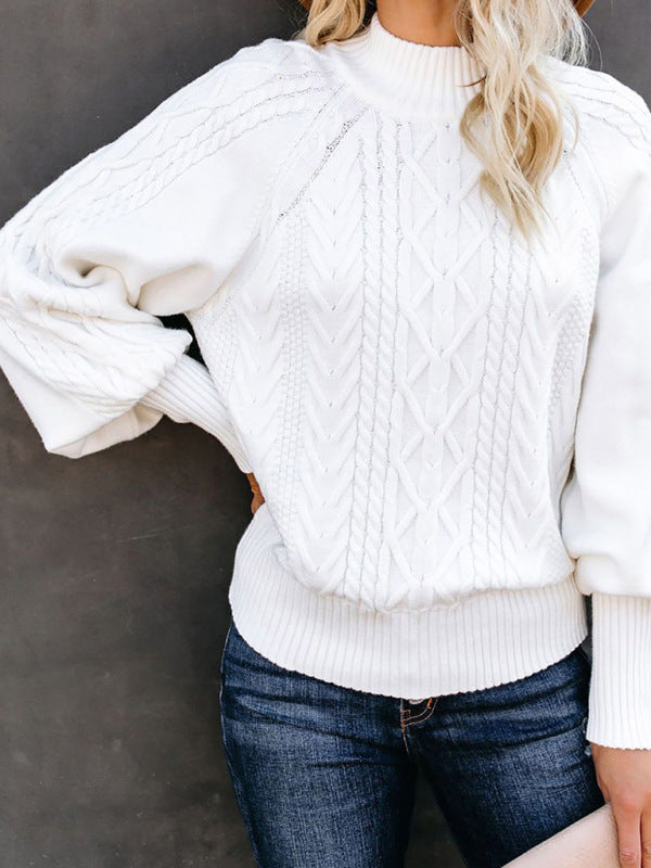 Sweaters- Solid Cable Knitted High Neck Sweater- - IndioGear Fashion and Gear