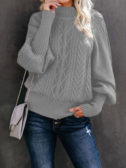 Sweaters- Solid Cable Knitted High Neck Sweater- Misty grey- IndioGear Fashion and Gear