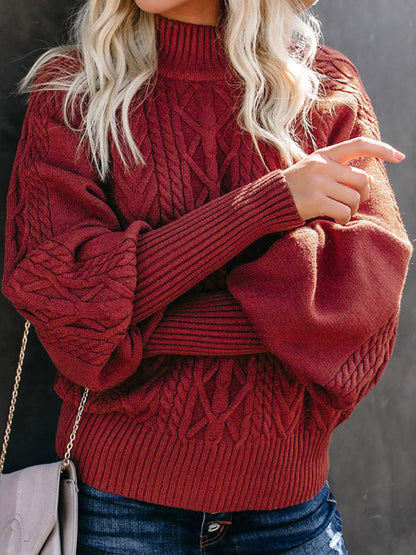 Sweaters- Solid Cable Knitted High Neck Sweater- - IndioGear Fashion and Gear