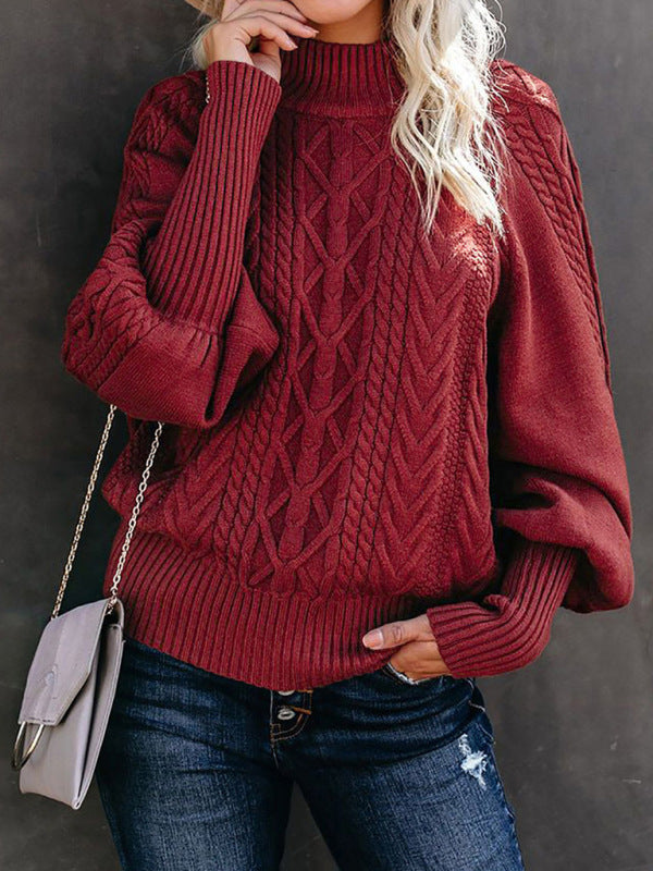 Sweaters- Solid Cable Knitted High Neck Sweater- - IndioGear Fashion and Gear