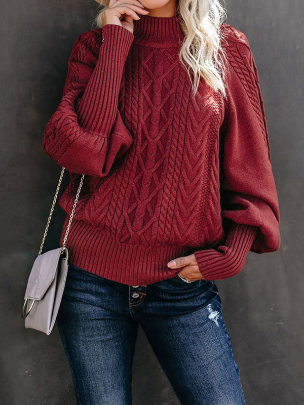 Sweaters- Solid Cable Knitted High Neck Sweater- Wine Red- IndioGear Fashion and Gear