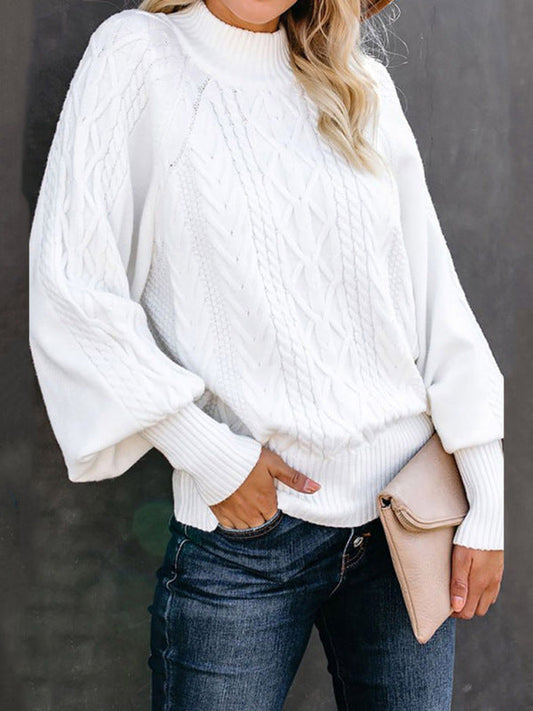 Sweaters- Solid Cable Knitted High Neck Sweater- White- IndioGear Fashion and Gear