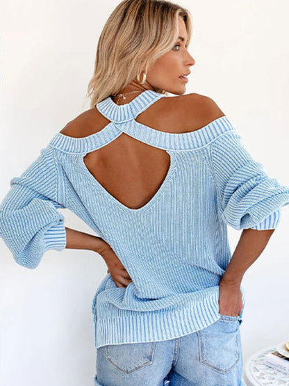 Solid Knit Cold-Shoulder Open Back Sweater Jumper | Sweaters | Pekosa Women Clothing