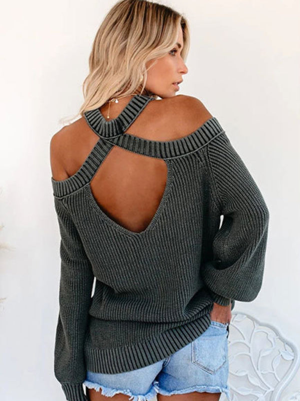 Solid Knit Cold-Shoulder Open Back Sweater Jumper | Sweaters | Pekosa Women Clothing