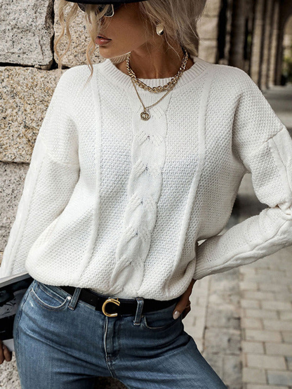 Sweaters- Solid Knitted Cable Drop Shoulder Sweater- - IndioGear Fashion and Gear